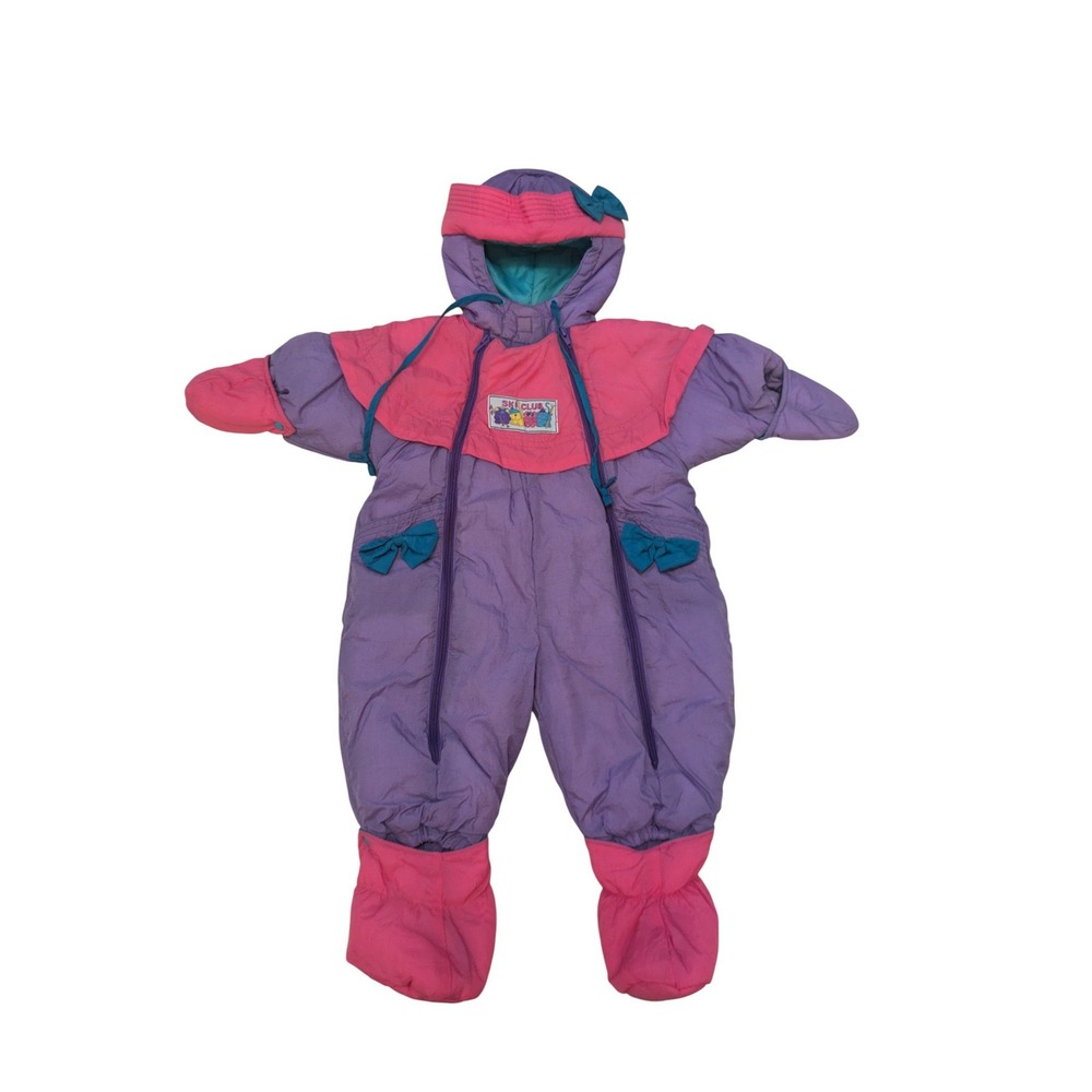 Vintage C.B. Kid‎ Ski Club Snowsuit Infant 12M Pink Purple Retro 80s Bow Hood